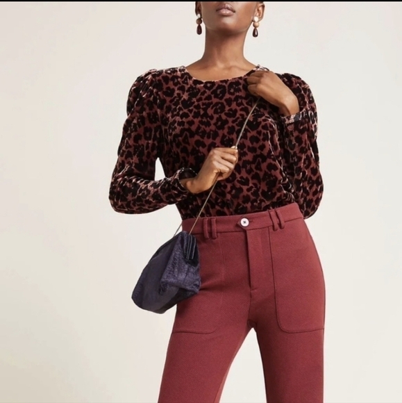 ANTHROPOLOGIE Dolan Copper Animal Print Velvet Puff Sleeve Top S - Picture 2 of 11
